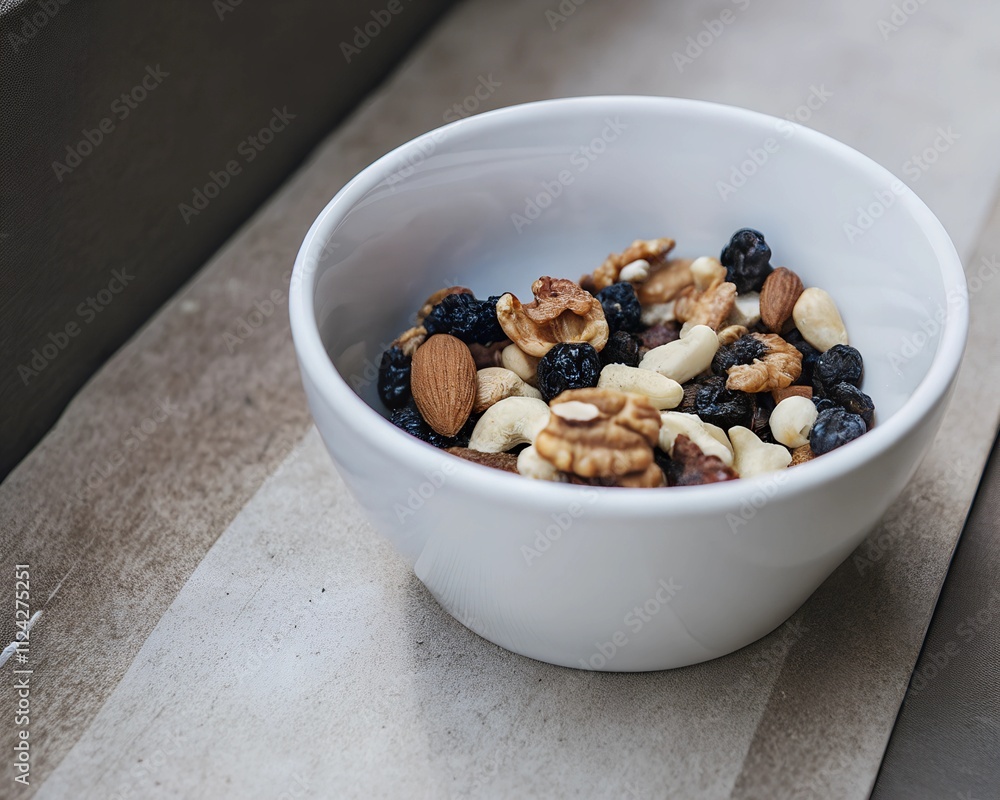 The mix of various nuts and raisins in a white bowl The mix of various nuts and raisins in a white bowl