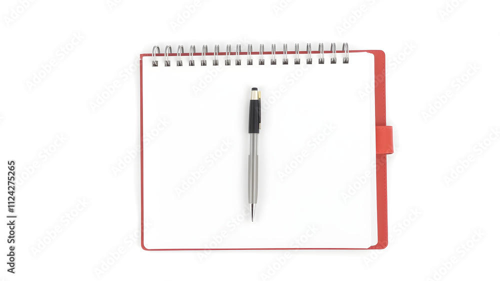 A spiral-bound planner with a ballpoint pen clipped to the side, isolated on white A spiral-bound planner with a ballpoint pen clipped to the side, isolated on white
