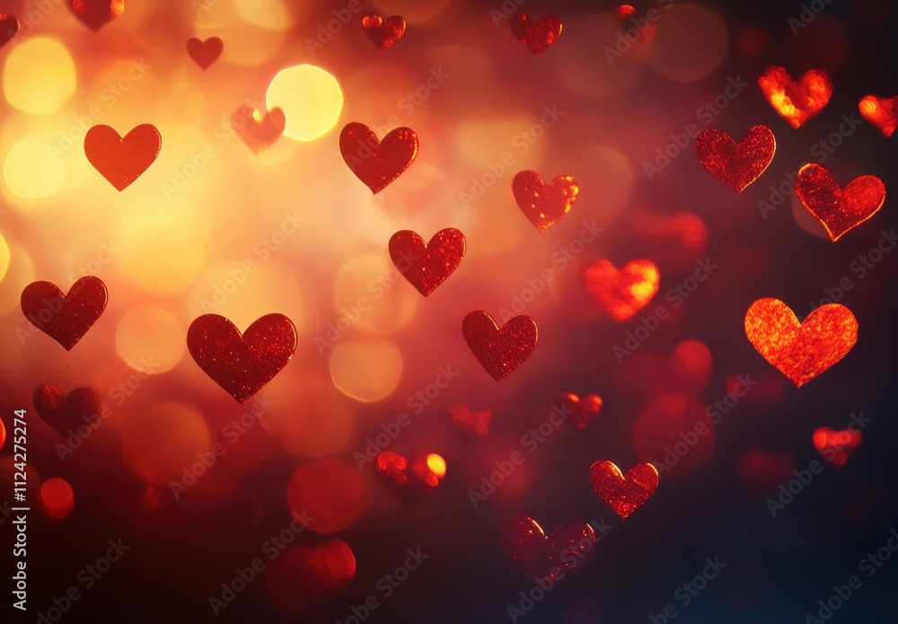 Abstract background with floating red hearts and glowing bokeh effects creating a romantic and dreamy atmosphere for love-themed projects and celebrations. Abstract background with floating red hearts and glowing bokeh effects creating a romantic and dreamy atmosphere for love-themed projects and celebrations.