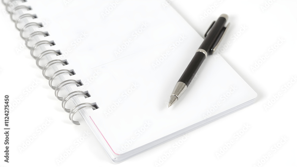 A spiral-bound planner with a ballpoint pen clipped to the side, isolated on white A spiral-bound planner with a ballpoint pen clipped to the side, isolated on white