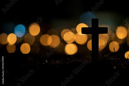 Outline of a cross with bokeh lights on a dark backdrop Space for text Symbol of faith Church worship and salvation Jesus Christ s symbol Easter cross Christianity photo