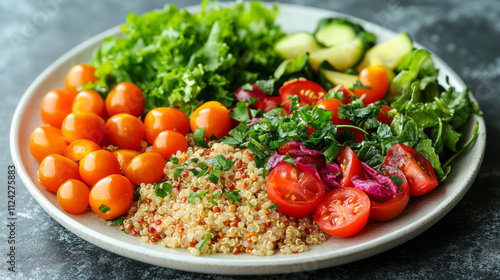 Healthy quinoa and greens meal on white plate with fresh vegetables