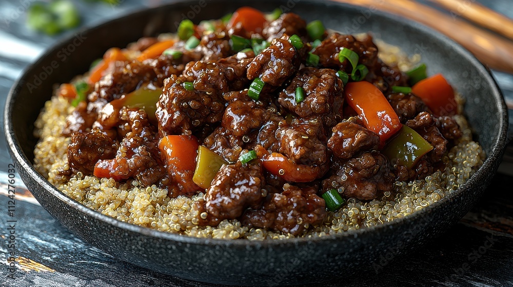 Sizzling beef and bell pepper stir-fry served over quinoa home kitchen food cozy setting culinary delight Sizzling beef and bell pepper stir-fry served over quinoa home kitchen food cozy setting culinary delight
