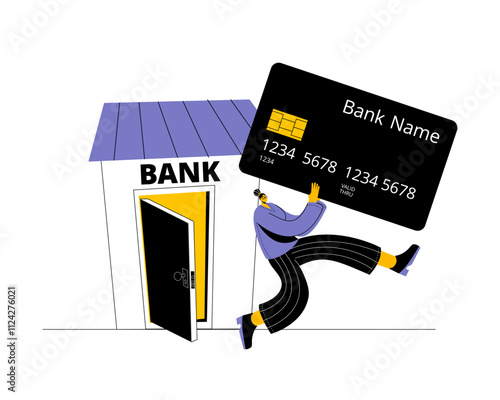 Cheerful woman leaving the bank with a new credit card. Vector illustration on banking, finance and credit history of individuals.