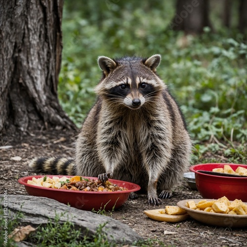 A mischievous raccoon stealing food from a campsite.with white background and blurry background a full body  photo