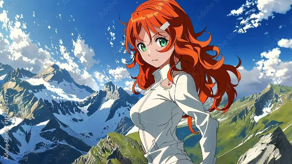 A red-haired woman standing gracefully against a backdrop of snowy mountains
A red-haired woman standing gracefully against a backdrop of snowy mountains