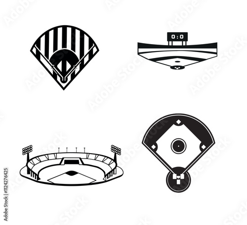 Baseball Field stadium background vector Clip Art Set, Professional Baseball Bat Sport Isolated Equipment Element, Baseball Exercise Champion Abstract Baseball Outline Icon Symbol Vector Silhouette