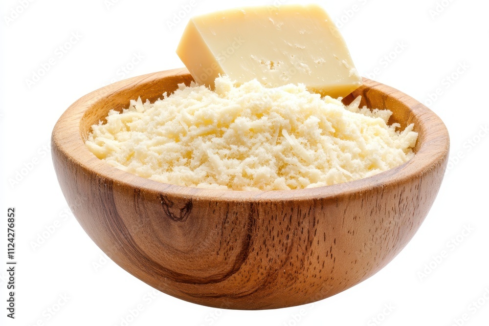 Parmesan shreds in a wooden bowl on a white background Aerial view of cheese slices Parmesan shreds in a wooden bowl on a white background Aerial view of cheese slices
