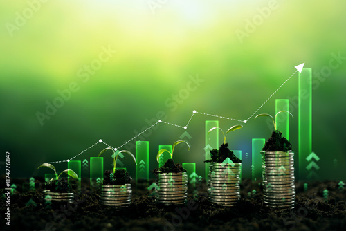 Growing money,finance and investment. Seedling are growing with business arrow of growth.Young plants on coin stacks increase. Concept of business growth,profit, development and success.	 photo