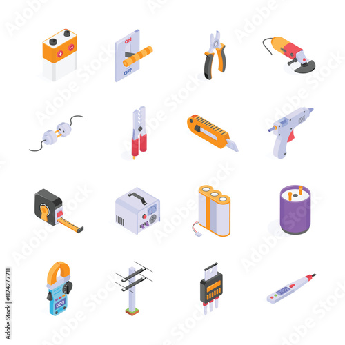 This image features a collection of colorful, isometric illustrations of various electrical and construction tools