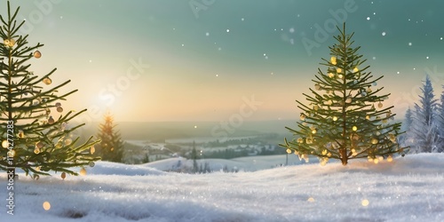 Christmas Trees on Snowy Hilltop at Sunrise