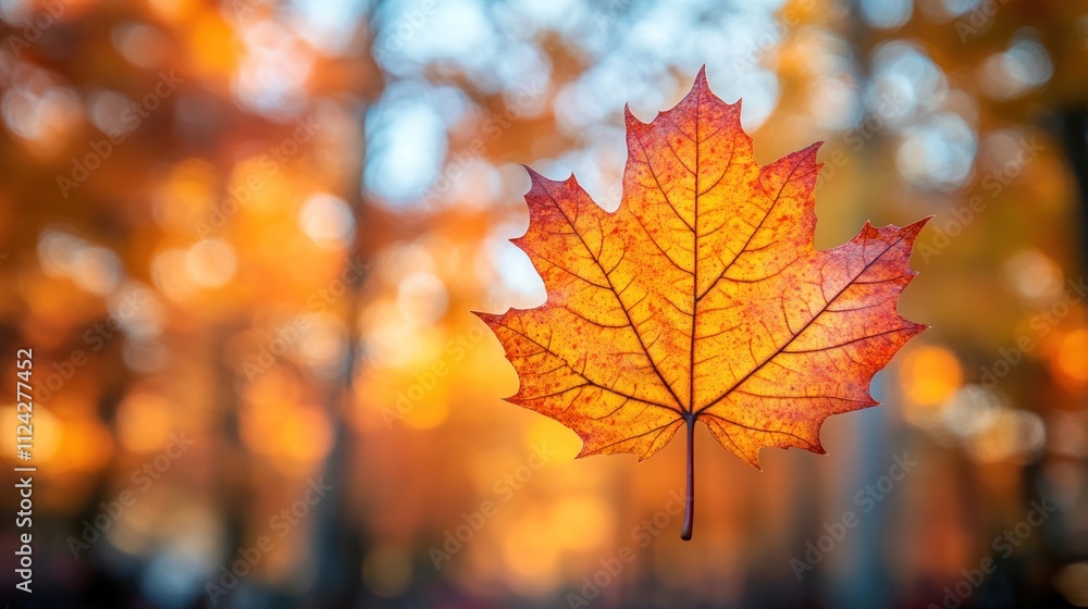 A vibrant autumn leaf against a blurred background of fall colors. A vibrant autumn leaf against a blurred background of fall colors.
