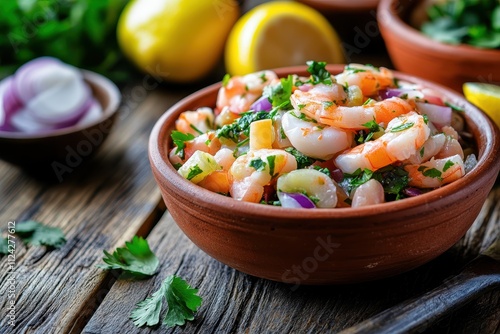 Peruvian or Chilean dish cold seafood ceviche with shellfish clams lemon and cilantro served in clay on wood photo