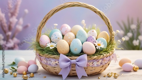 Easter Eggs in Decorated Basket with Spring Flowers, Easter Day, AI Generative