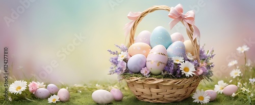 Easter Eggs in Decorated Basket with Spring Flowers, Easter Day, AI Generative