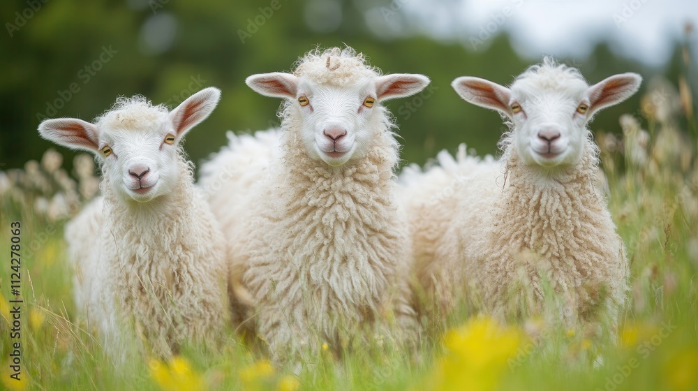 Three Adorable Fluffy Lambs in a Lush Green Meadow, basking in the sunlight, peaceful spring day, serene countryside scene Three Adorable Fluffy Lambs in a Lush Green Meadow, basking in the sunlight, peaceful spring day, serene countryside scene