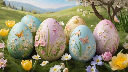 Decorated Easter Eggs  with Spring Flowers, Easter Day, AI Generative