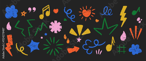 Set of emphasis symbols hand drawn with charcoal or crayon. Grunge emo doodle elements on a black background.