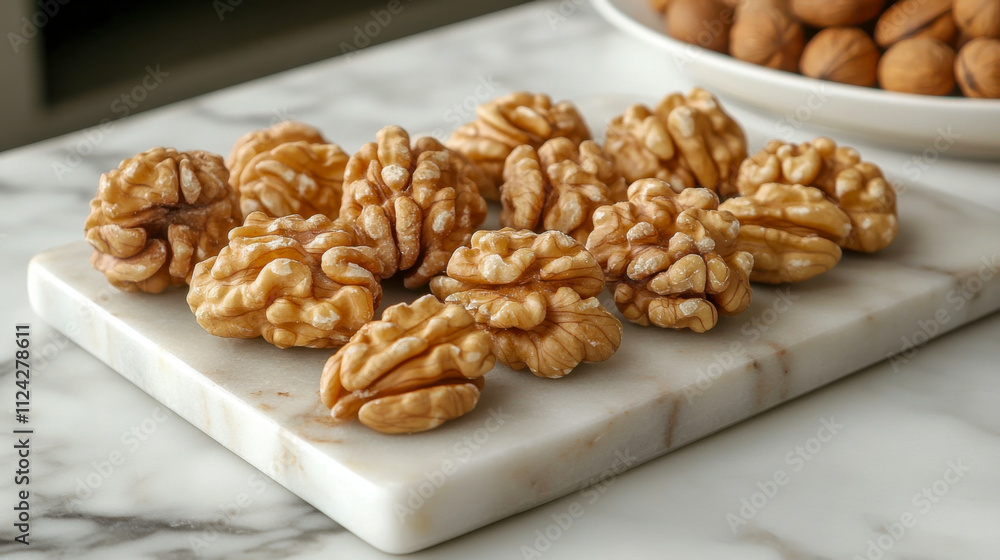 Nut and seed clusters displayed on a clean white marble slab Nut and seed clusters displayed on a clean white marble slab