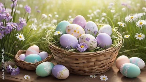 Easter Eggs in Decorated Basket with Spring Flowers, Easter Day, AI Generative