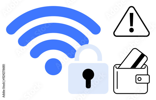 wireless signal with a locked padlock, wallet containing credit cards, and warning sign. Ideal for network security, online transactions, fraud prevention, digital safety, user privacy, data