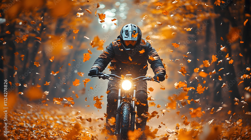 motorcyclist in full gear rides through a forest path surrounded by vibrant orange leaves falling, with a bright headlight illuminating the dynamic autumn scene. motorcyclist in full gear rides through a forest path surrounded by vibrant orange leaves falling, with a bright headlight illuminating the dynamic autumn scene.