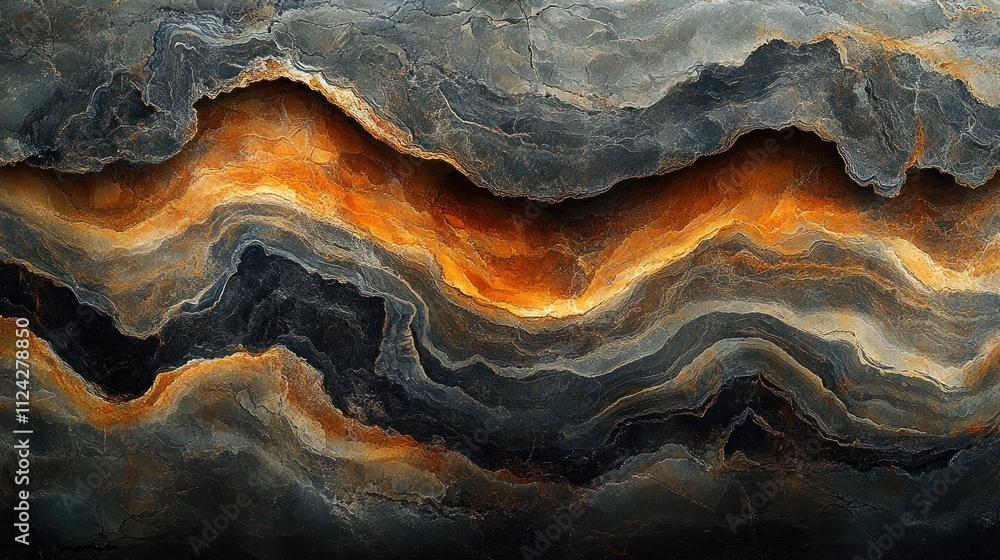 Obraz premium Abstract image of layered stone with orange and gray hues.