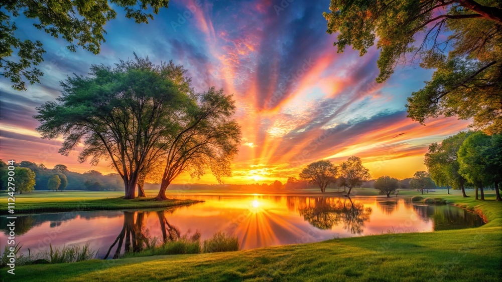 Obraz premium Serene Sunrise Over a Tranquil Pond and Lush Green Landscape