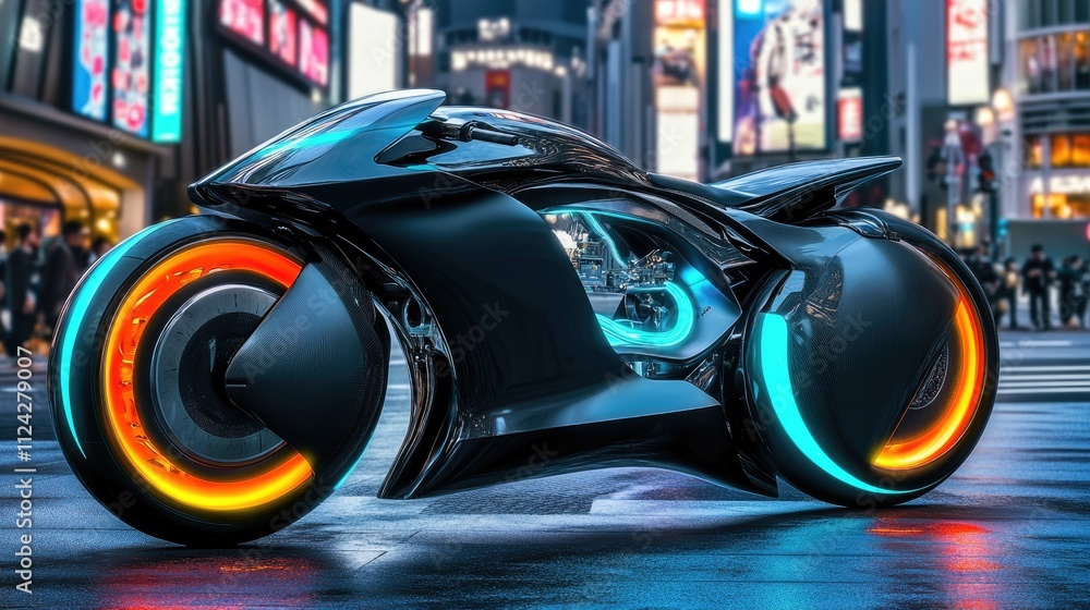 Futuristic Black Motorcycle with Illuminated Wheels in a City at Night