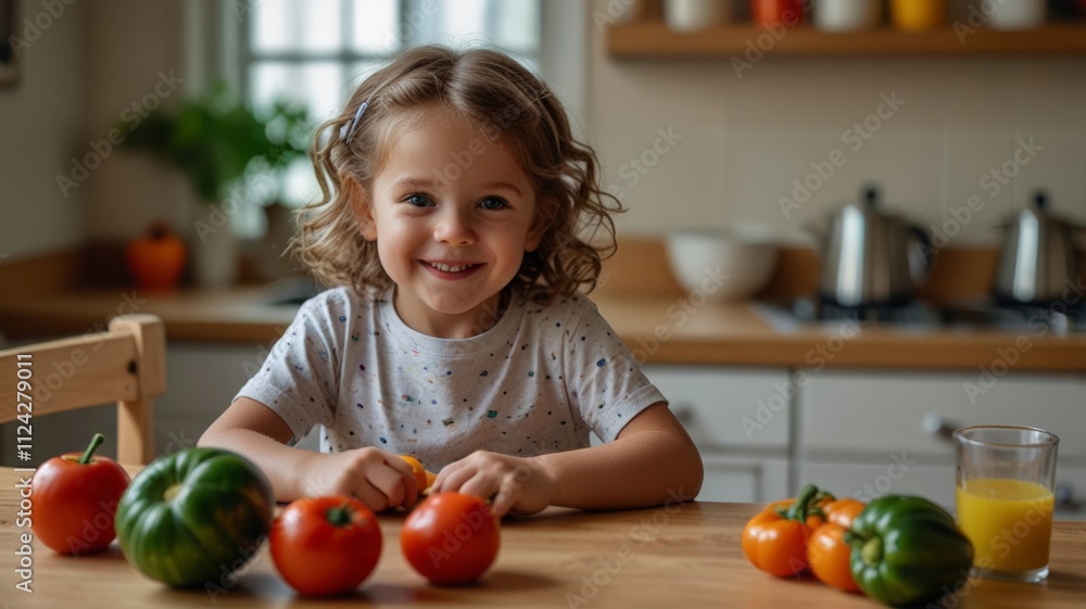 A cheerful child with curly hair smiles at the camera, surrounded by fresh vegetables on a wooden kitchen table, showcasing a love for healthy food A cheerful child with curly hair smiles at the camera, surrounded by fresh vegetables on a wooden kitchen table, showcasing a love for healthy food