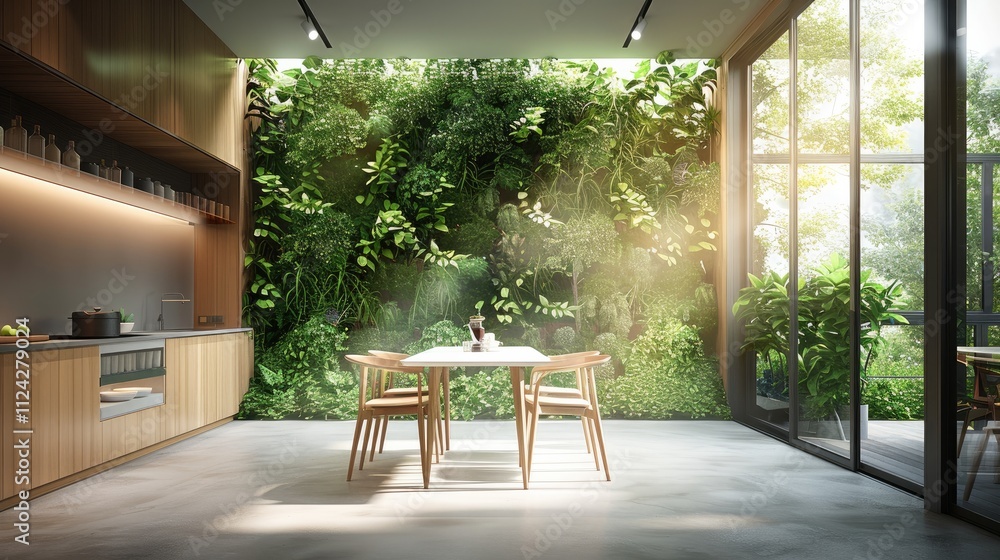 Dining space design, technological indoor plant wall, environmentally friendly planting area. Dining space design, technological indoor plant wall, environmentally friendly planting area.