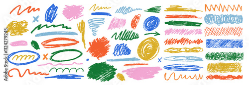 Scribble charcoal strokes vector set with crayon or pastel texture. Charcoal pencil curly lines and squiggles, swirls and spirals. Colorful vector illustration on a white background.