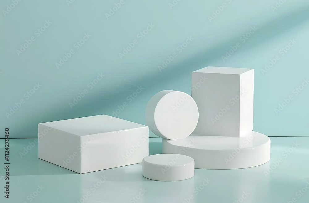 3D rendering of a white cube podium and round background on a blue pastel wall mockup, featuring geometric minimalism and simple shapes blue plastic box isolated 3D rendering of a white cube podium and round background on a blue pastel wall mockup, featuring geometric minimalism and simple shapes blue plastic box isolated