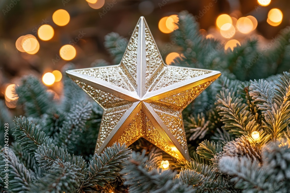 Glittering Gold Star Ornament on a Frost-Covered Christmas Tree Branch Glittering Gold Star Ornament on a Frost-Covered Christmas Tree Branch