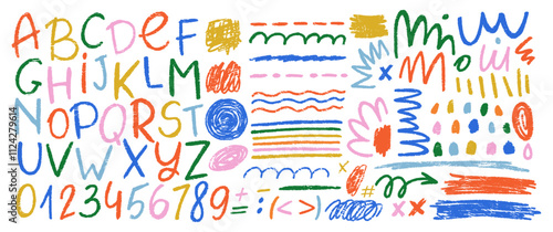Vector alphabet and freehand scribbles, underlines, highlights, numbers with crayon or pastel texture. Sketch colorful illustration.