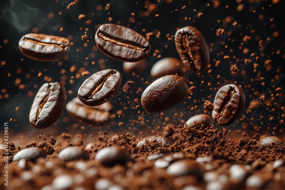 floating in the air or falling from above coffee beans in various states of motion against a blurred background. The style is dynamic and rich, featuring deep, earthy brown tones floating in the air or falling from above coffee beans in various states of motion against a blurred background. The style is dynamic and rich, featuring deep, earthy brown tones