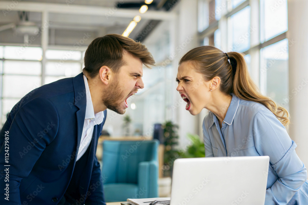 Handsome Man and pretty woman arguing in the office, people yelling, angry person concept, background