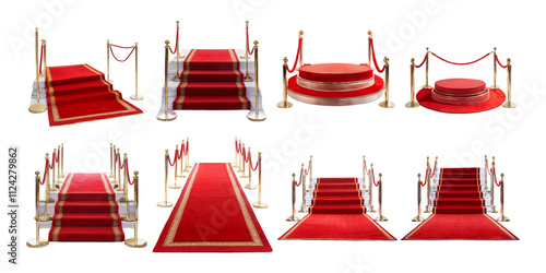 variety of red carpet stairs and podiums with gold poles and ropes, isolated on a transparent background for event and luxury design themes.