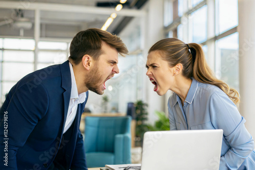 Obraz na płótnie Handsome Man and pretty woman arguing in the office, people yelling, angry person concept, background w salonie
