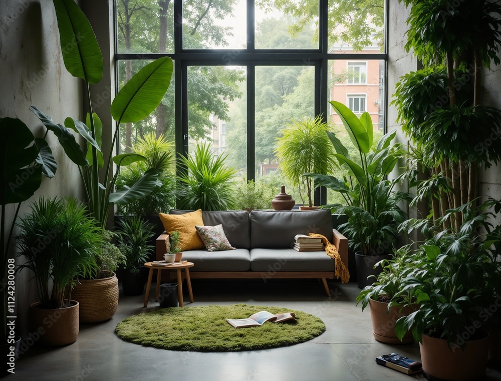 Urban jungle with plants surrounding a cozy reading nook Urban jungle with plants surrounding a cozy reading nook