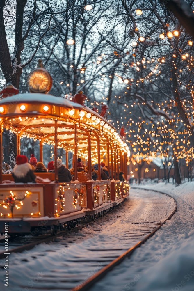 A city park with snow-covered paths and twinkling holiday lights. Children are riding a small train through A city park with snow-covered paths and twinkling holiday lights. Children are riding a small train through