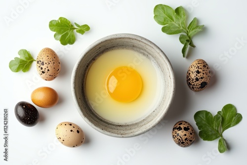 Raw organic quail egg yolk in a bowl on a white surface photo