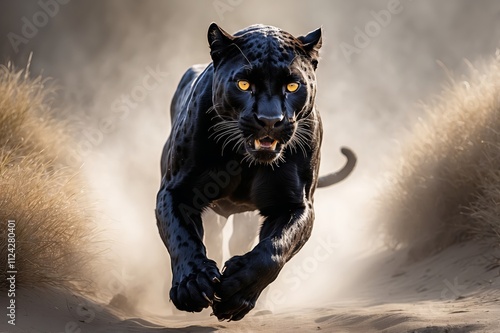 Black panther running towards camera in desert. photo