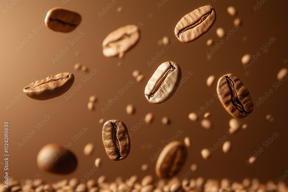 floating in the air or falling from above coffee beans in various states of motion against a blurred background. The style is dynamic and rich, featuring deep, earthy brown tones floating in the air or falling from above coffee beans in various states of motion against a blurred background. The style is dynamic and rich, featuring deep, earthy brown tones