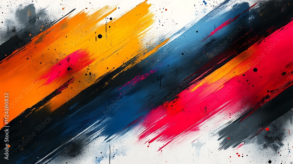Naklejka premium Abstract diagonal brush strokes in orange, pink, blue, and black on white background.