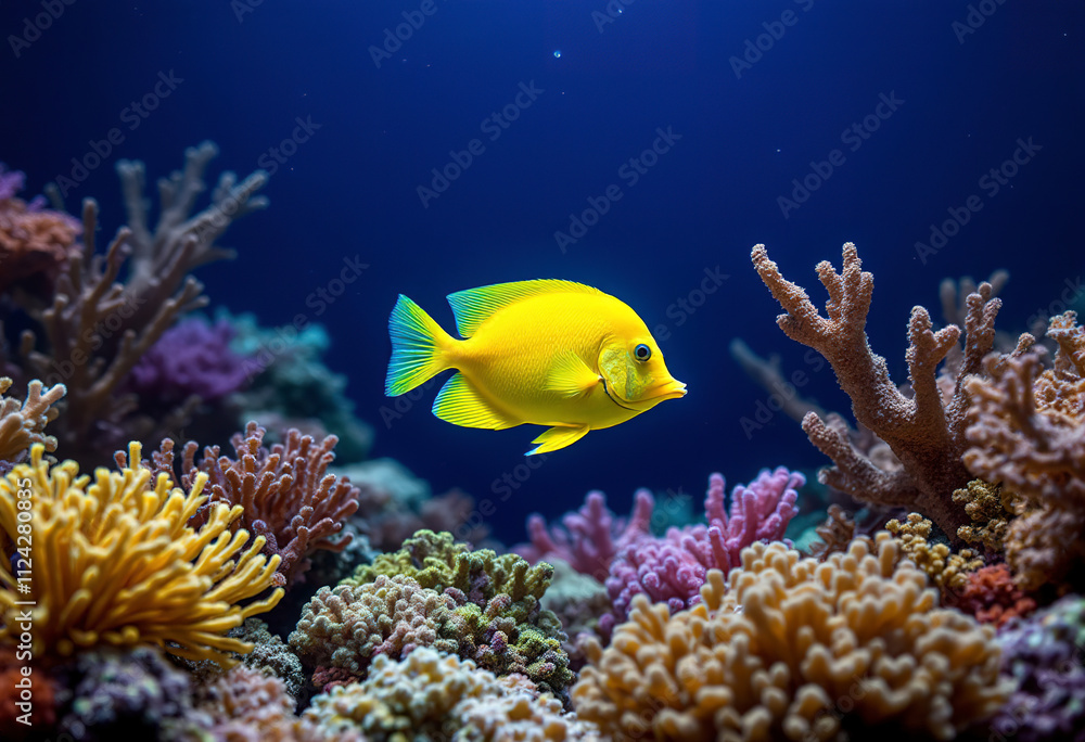 Obraz premium A bright yellow tropical fish swimming among colorful coral reef formations against a deep blue background