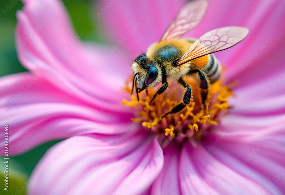 A close-up of a bee pollinating a pink flower with green foliage in the background A close-up of a bee pollinating a pink flower with green foliage in the background