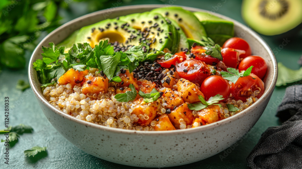 Quinoa salad with avocado and cherry tomatoes in white bowl on green background Quinoa salad with avocado and cherry tomatoes in white bowl on green background