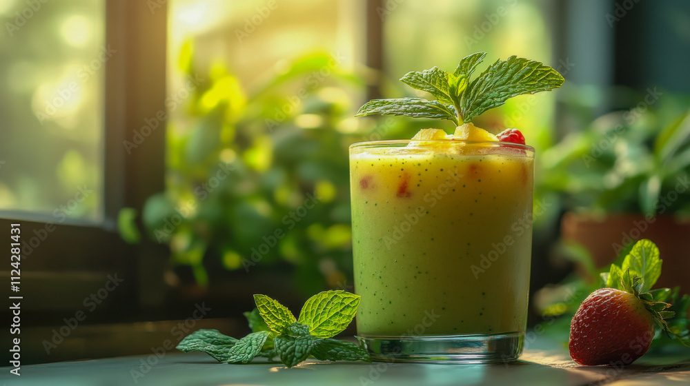 Refreshing green matcha smoothie in glass with mint garnish on pale background Refreshing green matcha smoothie in glass with mint garnish on pale background
