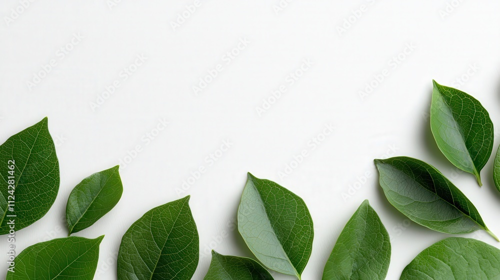 Fototapeta premium A white background with light green leaves at the bottom edge, creating an elegant and refreshing design